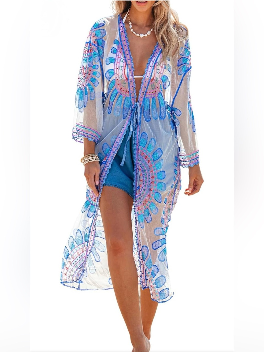 Rachel Zoe Floral Sheer Lace Open Front Tie Waist Kimono Swimwear Cover Up O/S